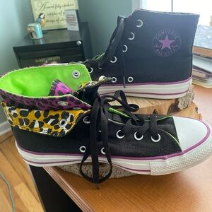Converse All Star Double Flap Womens 8 Black/Green/Purple Leopard Hightop Shoes